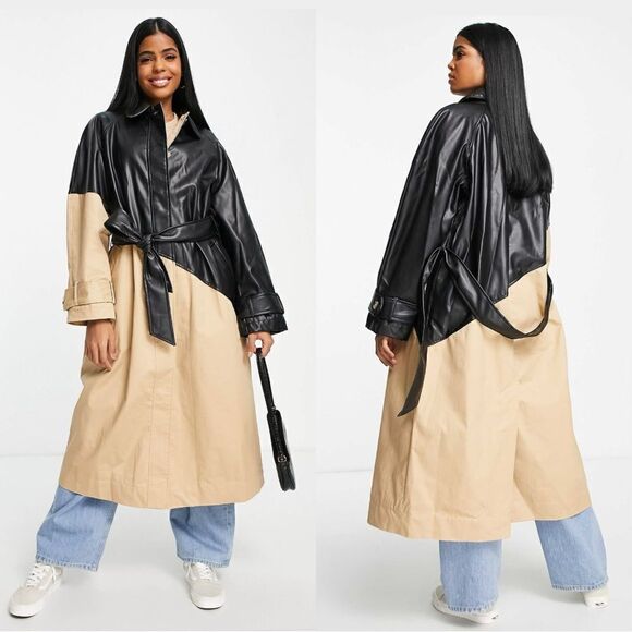NEW ASOS Spliced faux leather trench coat - Picture 1 of 11